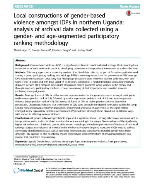 Photo of Local constructions of gender-based violence amongst IDPs in northern Uganda: analysis of archival data collected using a gender- and age-segmented participatory ranking methodology